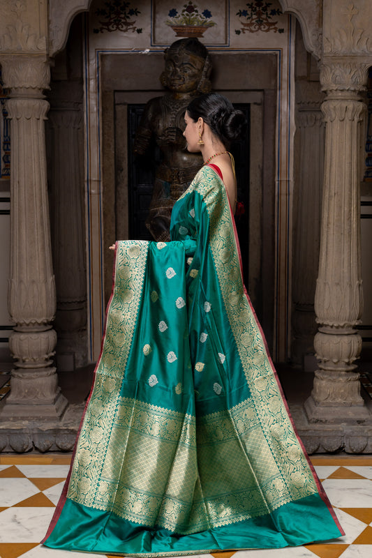 Green Handwoven Kadwa Katan Silk Saree - Panaya