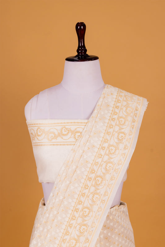 Ecru Banarasi Cotton Cutwork Saree