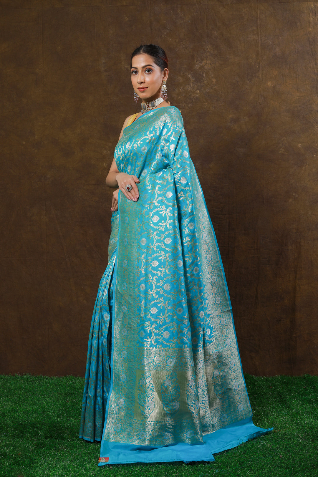 Sky Blue Handwoven Cutwork Katan Silk Saree - Panaya 