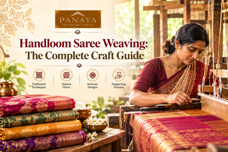 Handloom saree weaving guide featuring traditional loom craftsmanship and silk sarees
