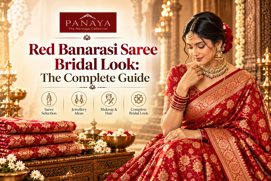 Red Banarasi Saree Bridal Look Guide by The Panaya with Traditional Bridal Jewellery