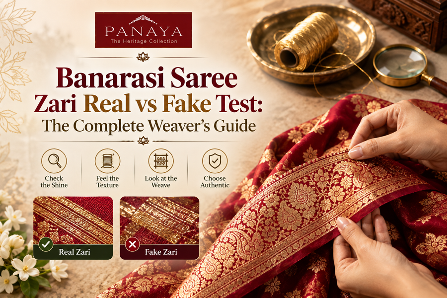 Banarasi Saree Real vs Fake Zari Test Guide by The Panaya with Authentic Zari Identification Tips