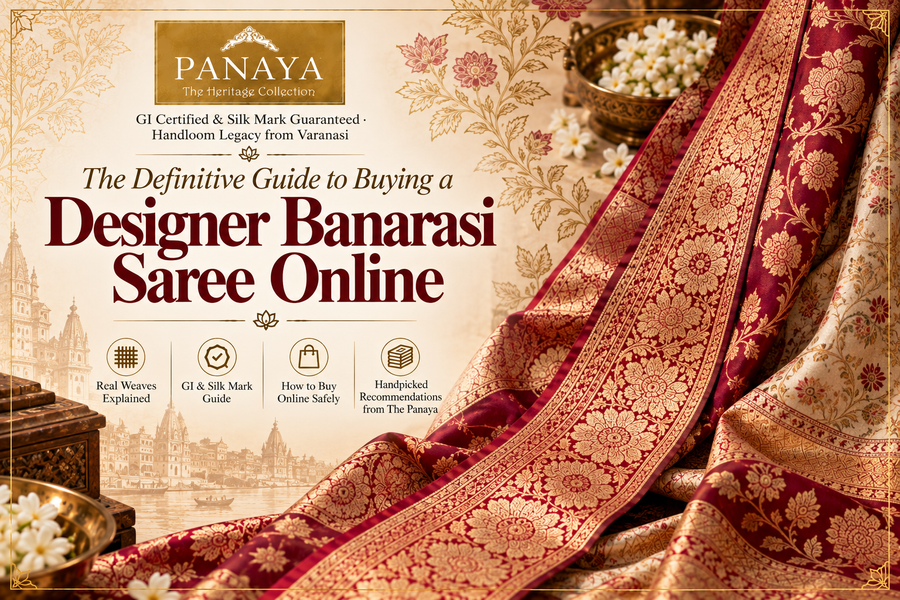 Designer Banarasi saree showcasing intricate zari work and contemporary bridal-inspired detailing