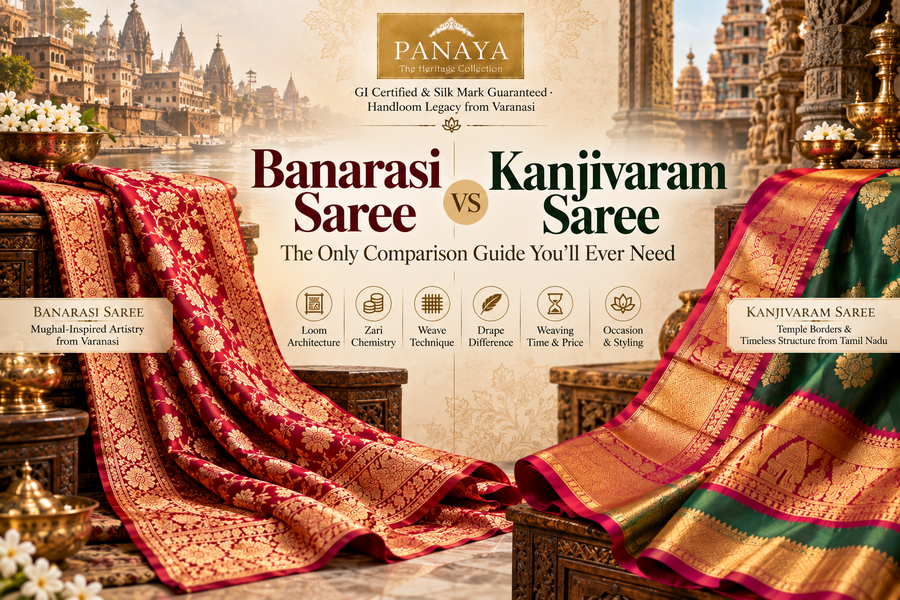 Banarasi saree vs Kanjivaram saree comparison featuring traditional Indian silk sarees
