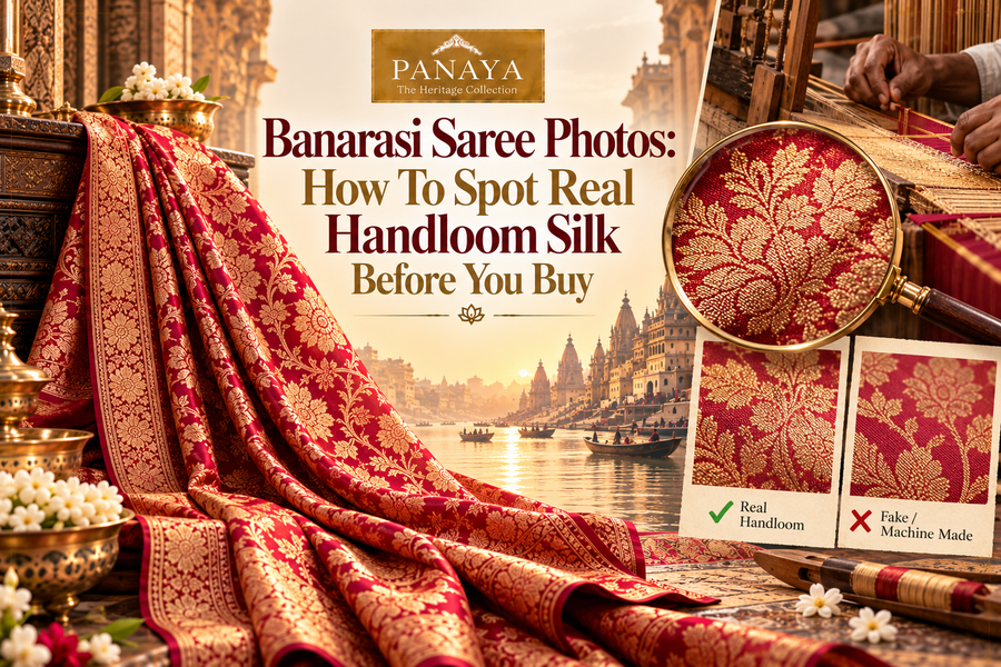 Banarasi saree photos showing real handloom silk weave details.