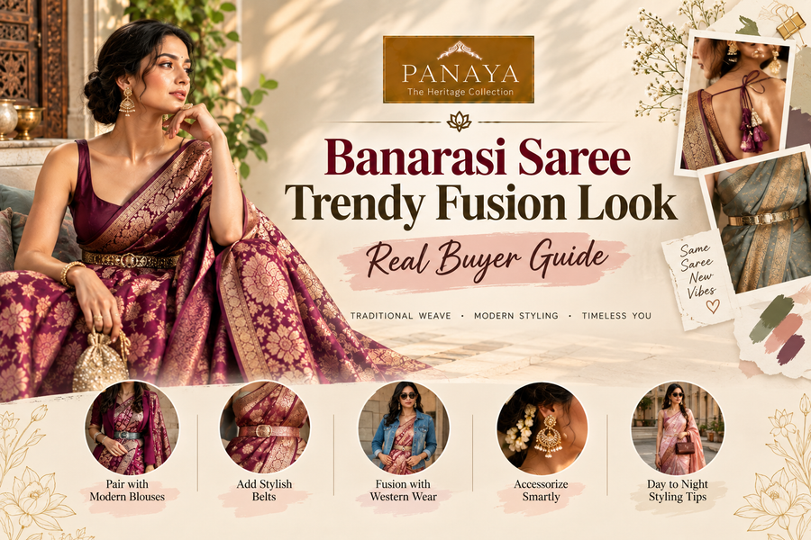Fusion Look: Trendy Banarasi saree fusion styling ideas.