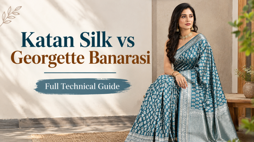Katan silk vs Georgette Banarasi saree with silver zari work. 