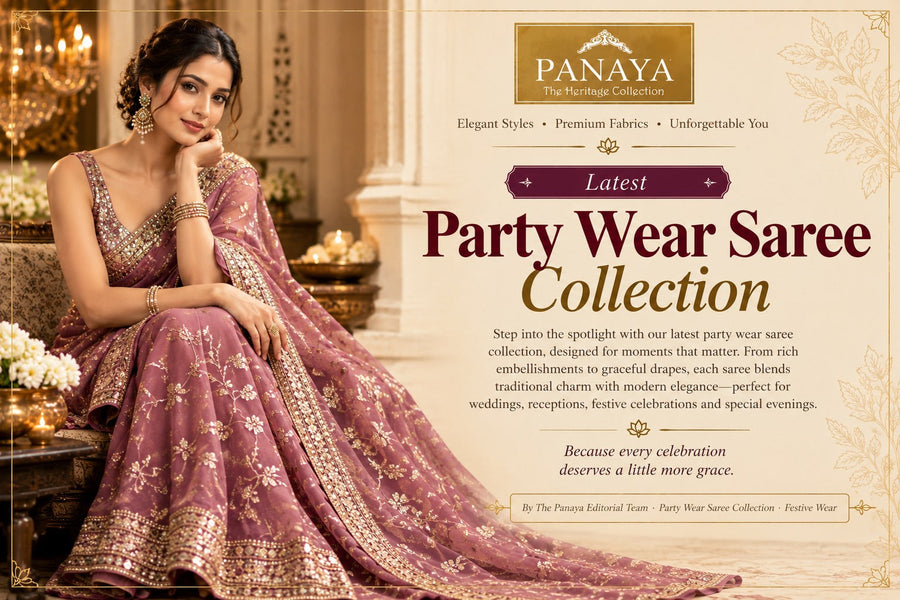 Pink party wear saree with golden embellishments by Panaya.