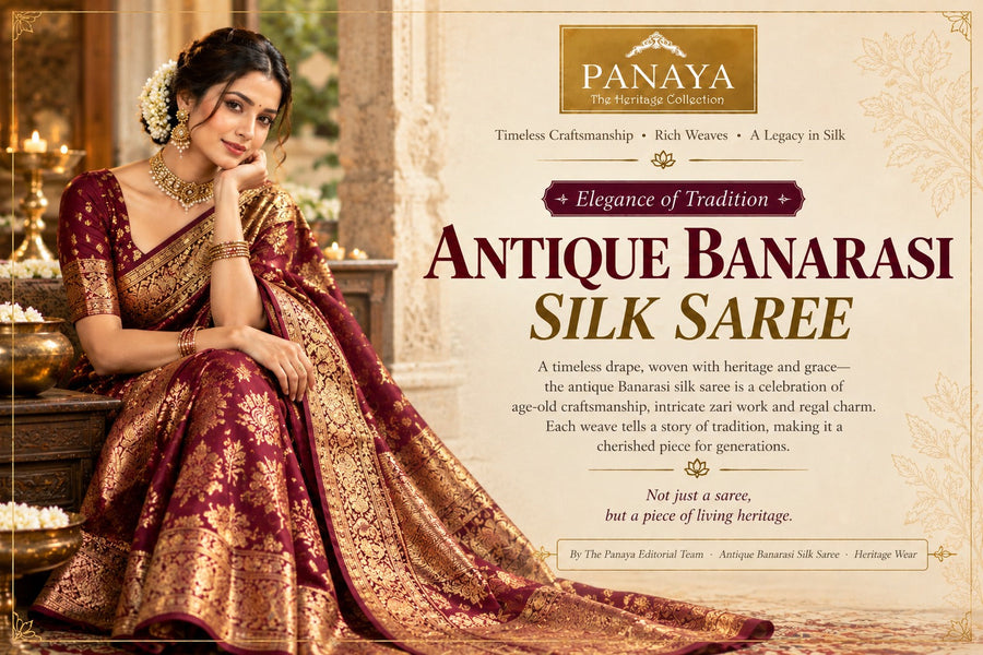 Antique Banarasi silk saree in maroon and gold by Panaya. 
