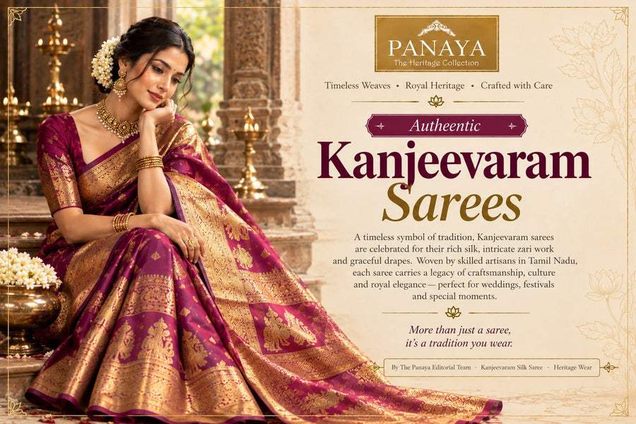 Magenta Kanjeevaram saree with gold zari by Panaya.