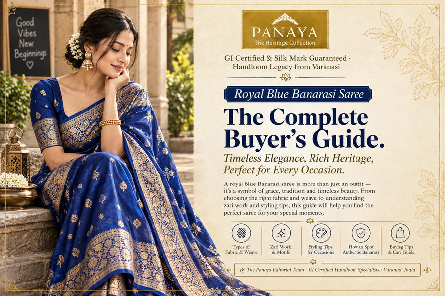 Royal blue Banarasi saree with gold zari worn by a woman