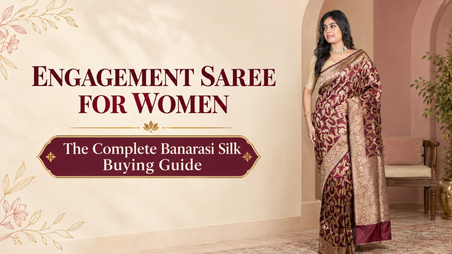 Engagement saree for women in maroon Banarasi silk with gold zari work. 