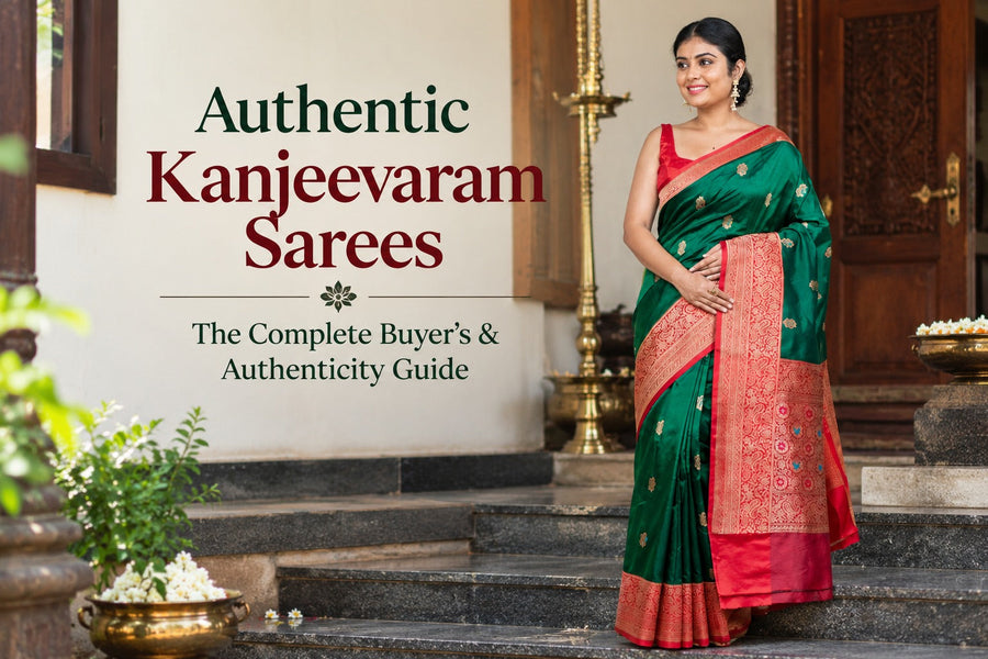 Green Kanjeevaram Silk Saree with Red Zari Border | The Panaya 