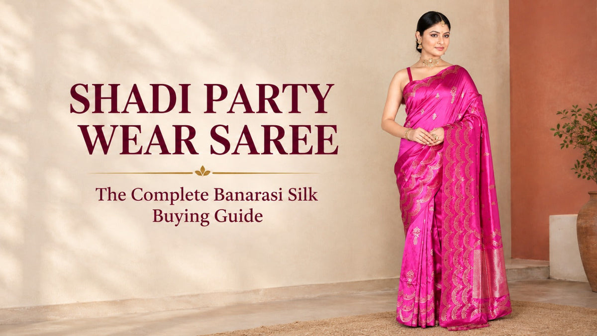  Shadi party wear yellow-green Banarasi silk saree with gold zari work. 