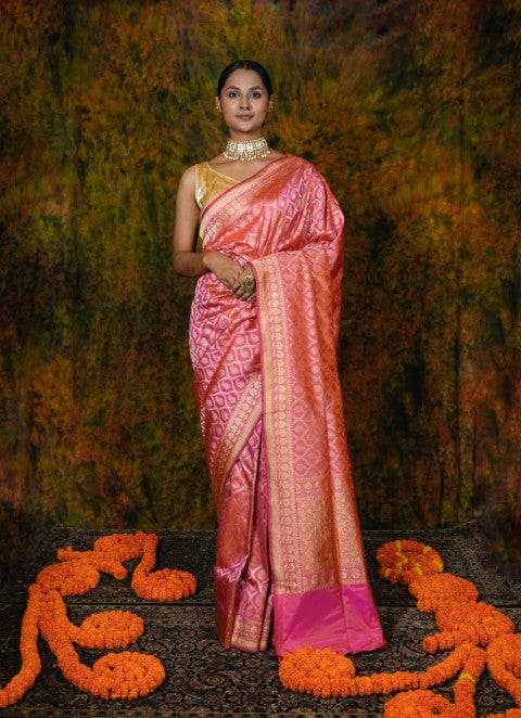 Pink Katan Pure Silk Saree - Panaya 