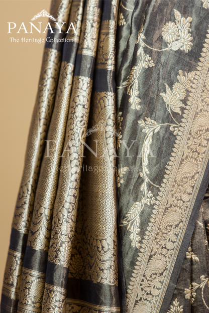 Tissue Silk Zaal Design With Gold Zari And Kairi Anchal