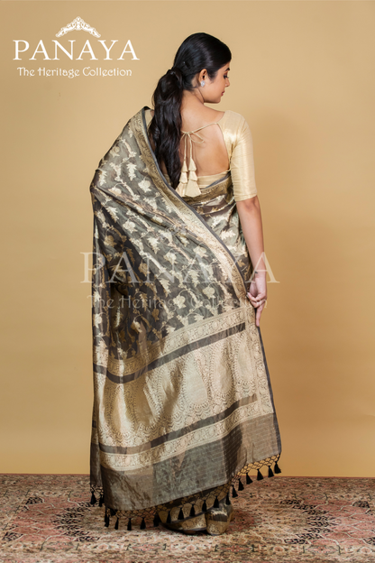 Tissue Silk Zaal Design With Gold Zari And Kairi Anchal