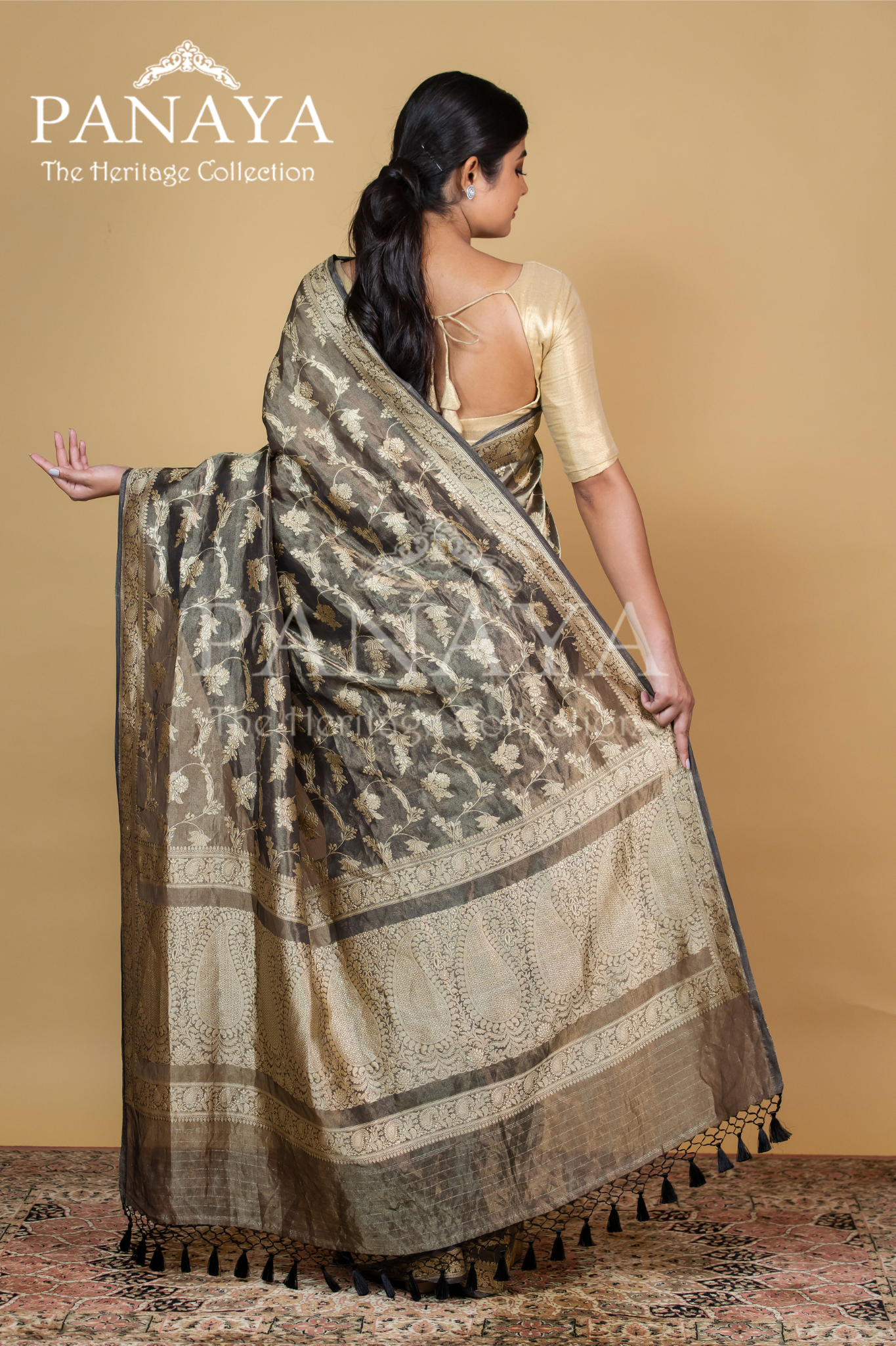 Tissue Silk Zaal Design With Gold Zari And Kairi Anchal