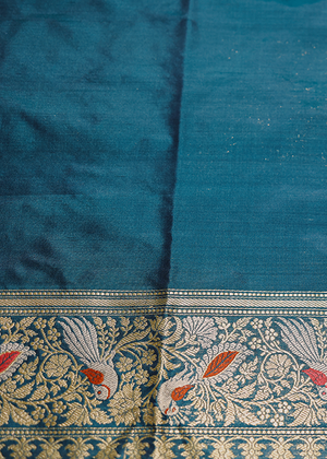 Peacock Color Katan Mulberry Silk Saree - Kadwa Bird Booti