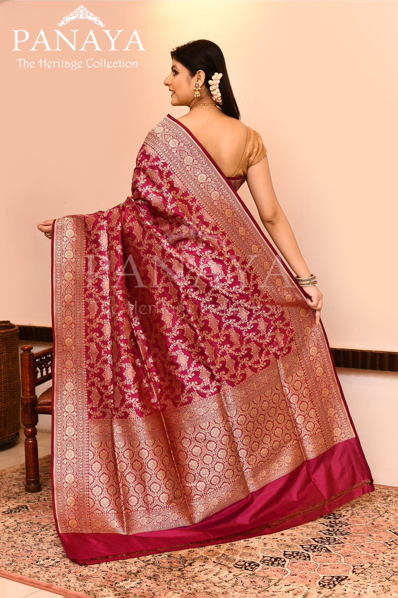 Saree Katan Silk Semi Handwoven with Banrasi Aanchal & Border with Gold & Silver Meenedar Jaal Design