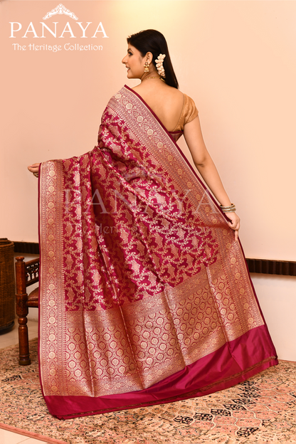 Saree Katan Silk Semi Handwoven with Banrasi Aanchal & Border with Gold & Silver Meenedar Jaal Design
