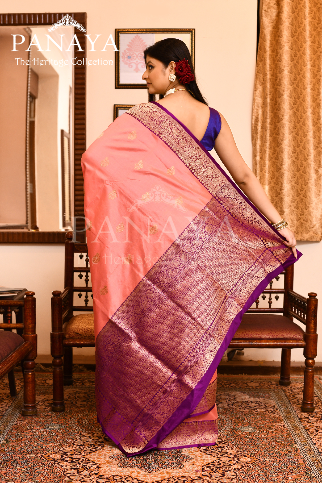 Saree Katan Silk with Contrast Banarasi Aanchal & Border with Gold Zari Boota Design