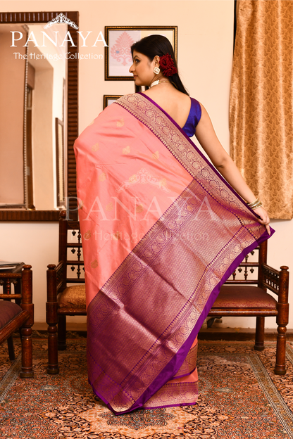 Saree Katan Silk with Contrast Banarasi Aanchal & Border with Gold Zari Boota Design