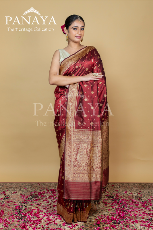 Handloom Katan Silk With Zaal Lace Buti Pattern Small And Large