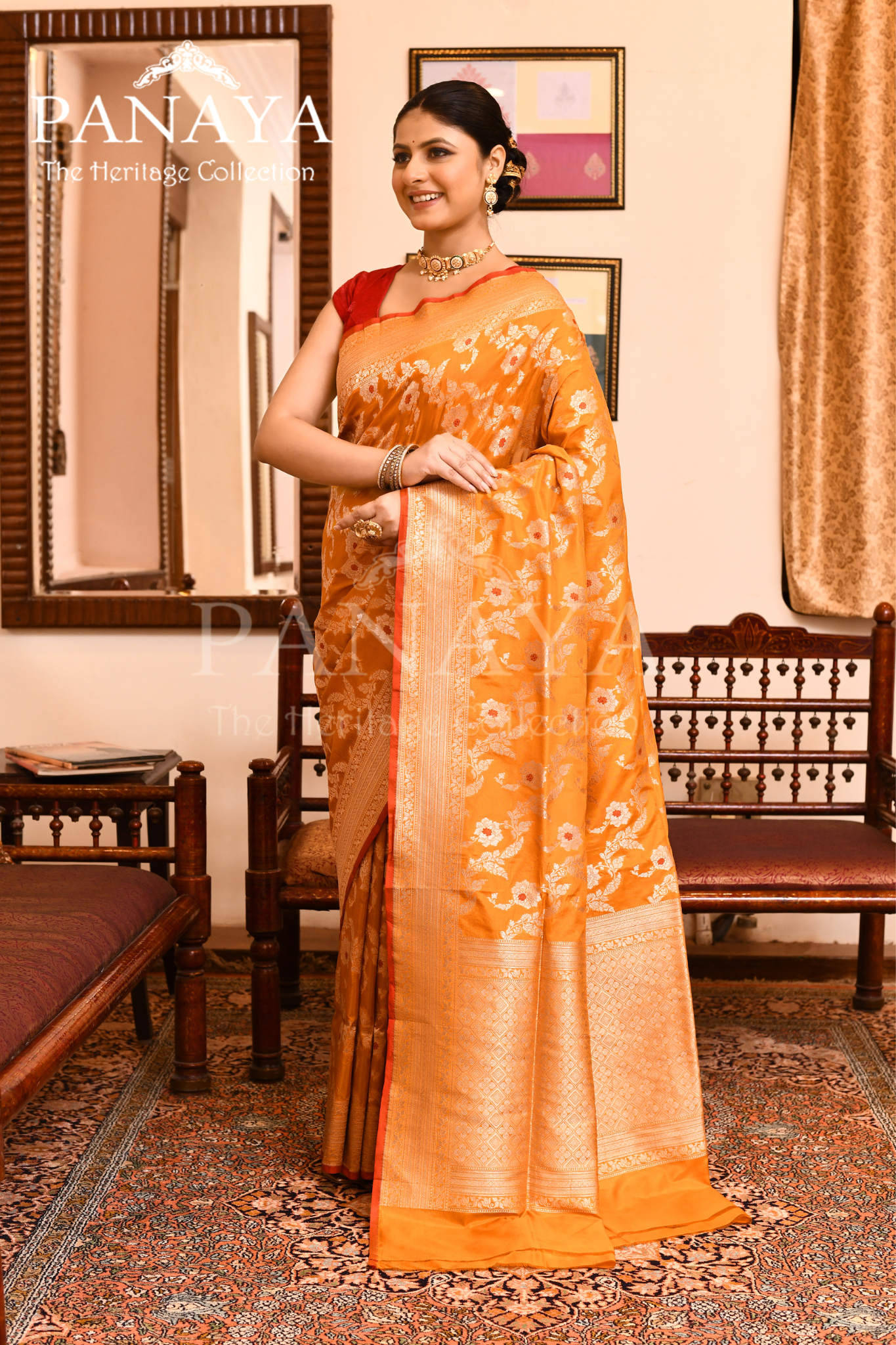 Saree Katan Silk Semi Handwoven with Banrasi Aanchal & Border with Gold & Silver Meenedar Jaal Design