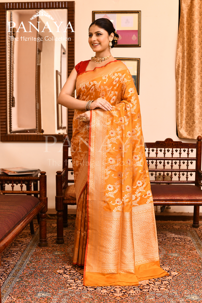 Saree Katan Silk Semi Handwoven with Banrasi Aanchal & Border with Gold & Silver Meenedar Jaal Design