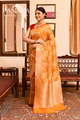 Saree Katan Silk Semi Handwoven with Banrasi Aanchal & Border with Gold & Silver Meenedar Jaal Design