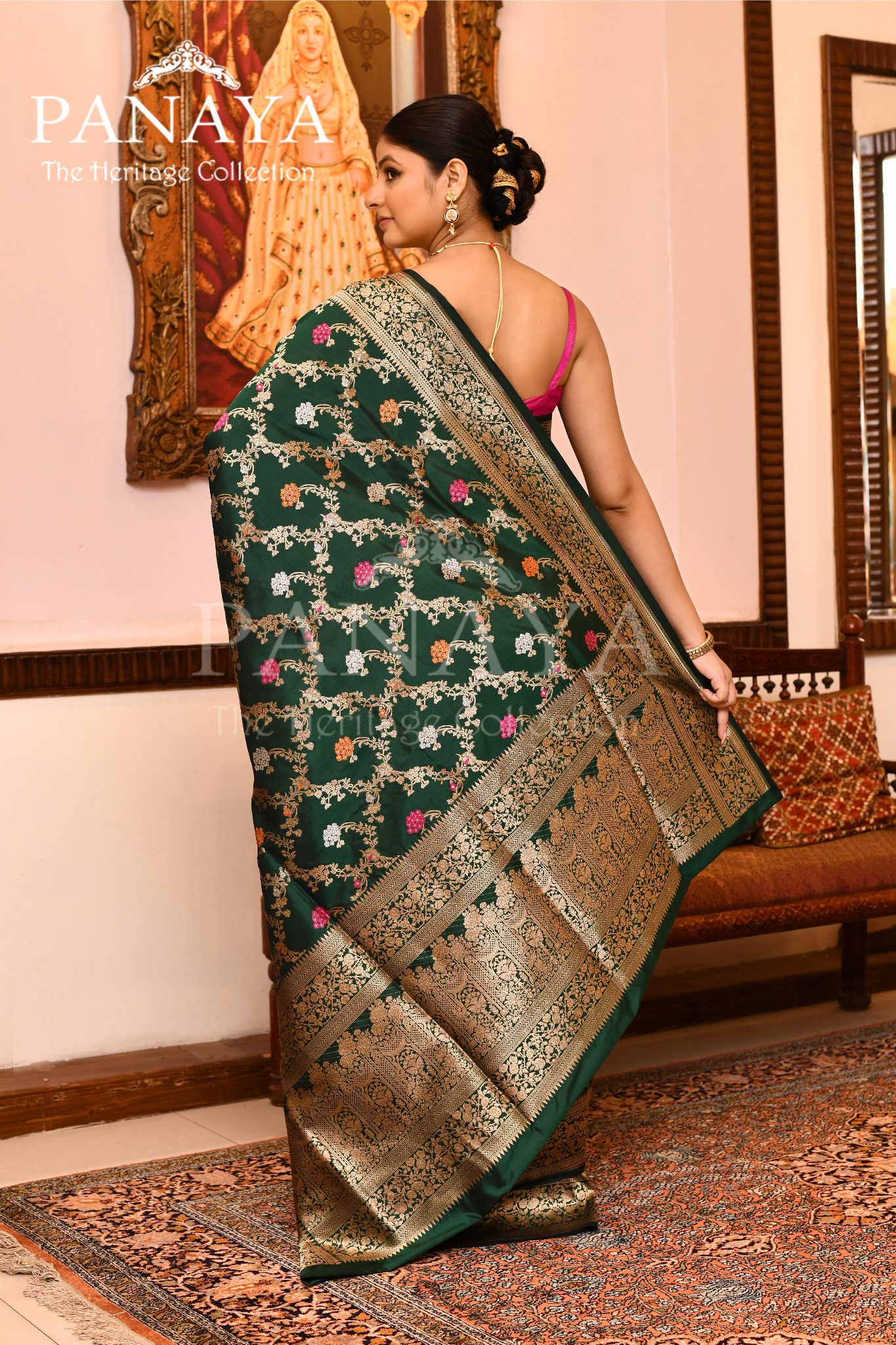 Saree Katan Silk Handwoven with Banrasi Aanchal & Border with Gold & Silver Meenedar Jaal Design