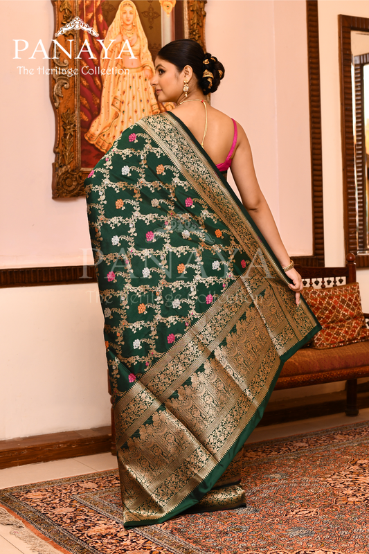 Saree Katan Silk Handwoven with Banrasi Aanchal & Border with Gold & Silver Meenedar Jaal Design