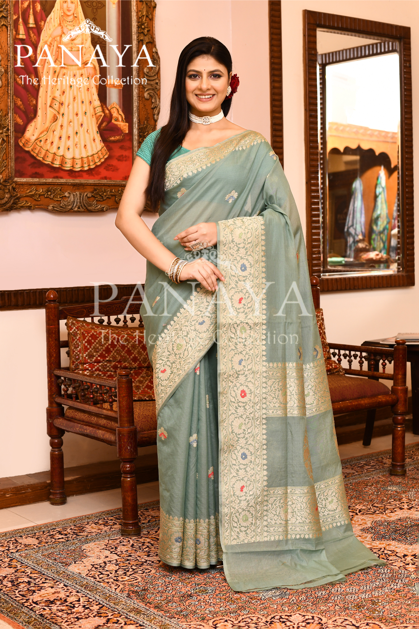 Saree Kora Cotton Silk With Banarasi aanchal & Border with Meenedar Booti