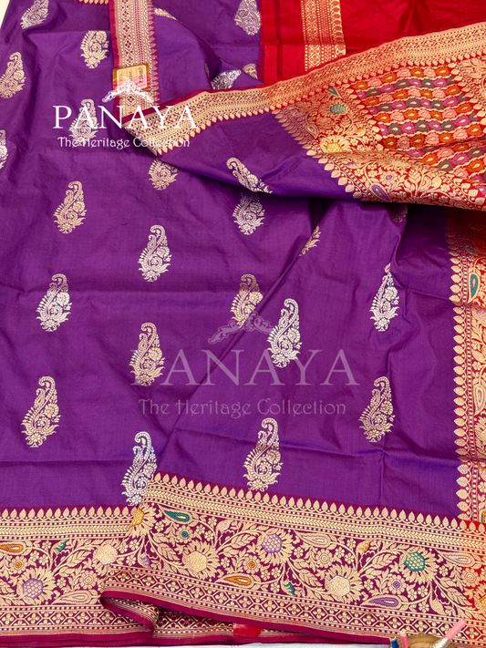 Saree Katan Silk with Contrast aanchal & Border with gold zari Paisely Boota Design