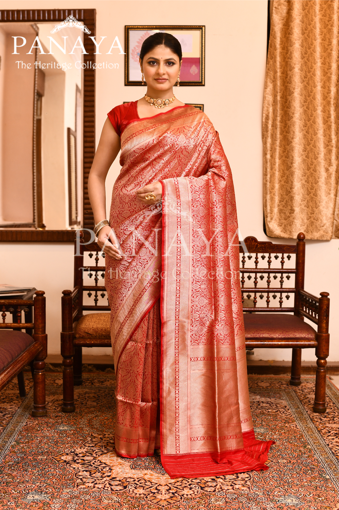 Saree Katan Silk Semi Handwoven with Banrasi Aanchal & Border with Gold & Silver Meenedar Jaal Design