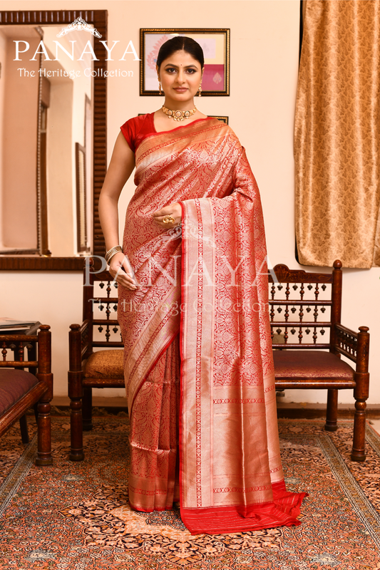 Saree Katan Silk Semi Handwoven with Banrasi Aanchal & Border with Gold & Silver Meenedar Jaal Design