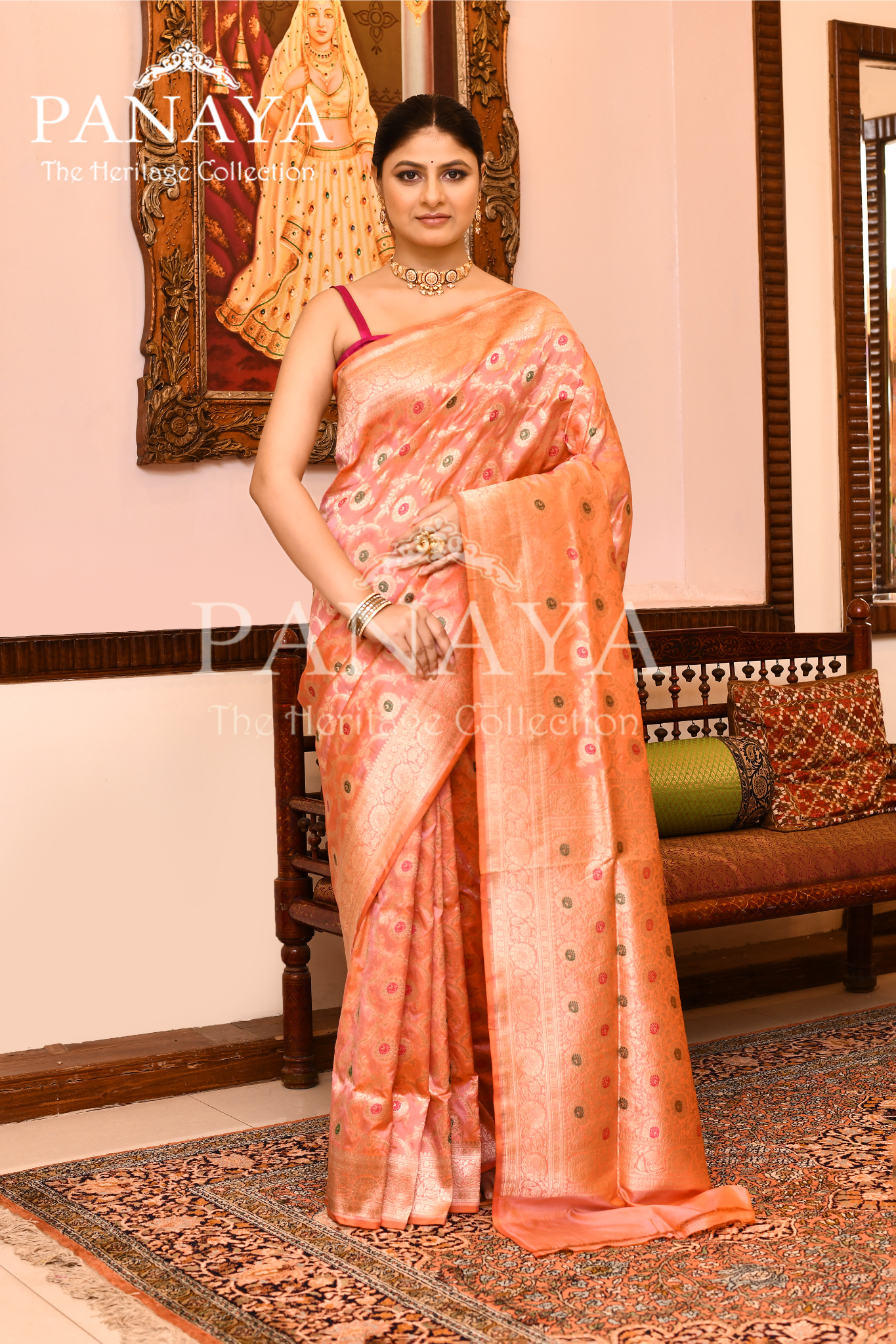Saree Katan Silk Semi Handwoven with Banrasi Aanchal & Border with Gold & Silver Meenedar Jaal Design