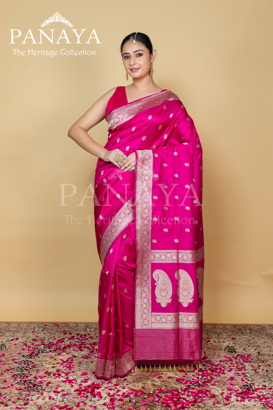 Handloom, katan silk with kadwa buti, kari gold work anchal with zaal lace