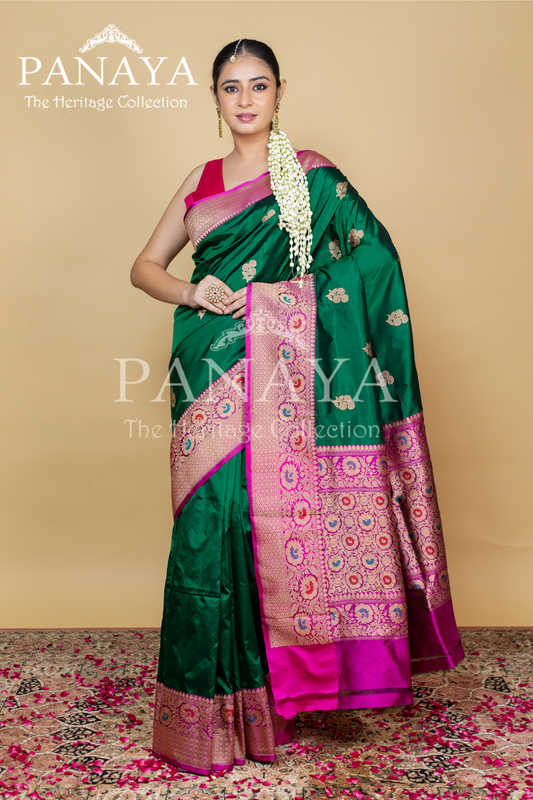 Buti Work With Meenakari Anchal And Border With Contrast Pink Color