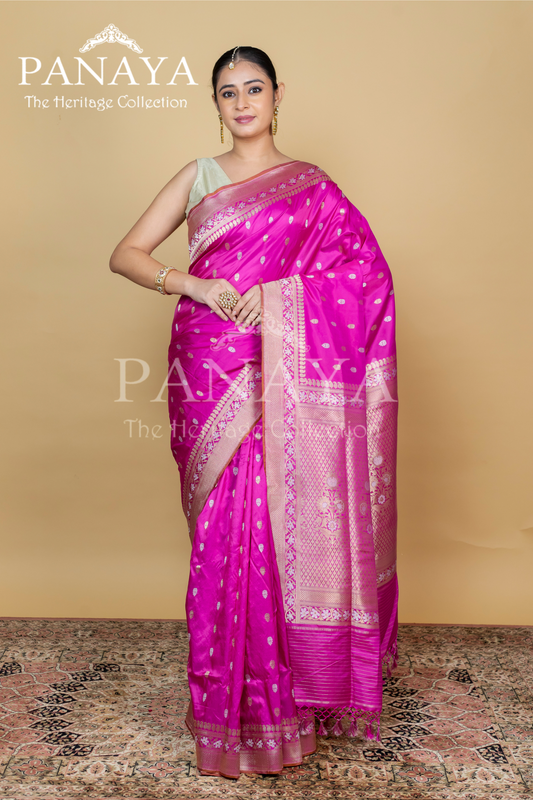 Handloom Katan Silk With Sona Rupa Butti With Banarasi Border And Anchal