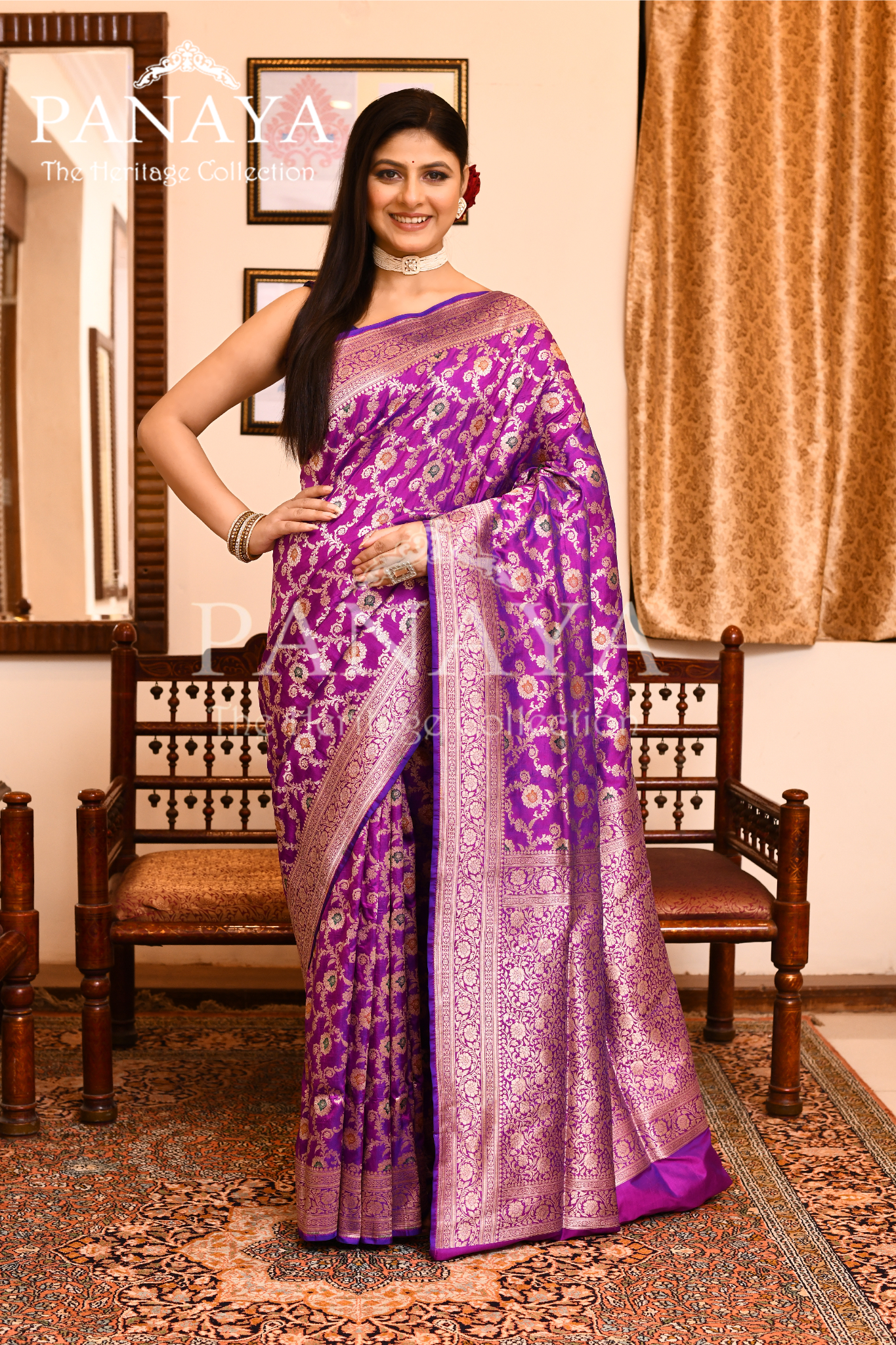 Saree Katan Silk Semi Handwoven with Banrasi Aanchal & Border with Gold & Silver Meenedar Jaal Design
