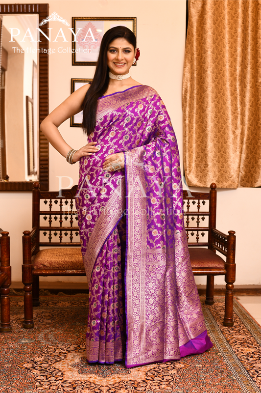 Saree Katan Silk Semi Handwoven with Banrasi Aanchal & Border with Gold & Silver Meenedar Jaal Design