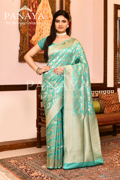 Saree Katan Silk Semi Handwoven with Banrasi Aanchal & Border with Gold & Silver  Jaal Design