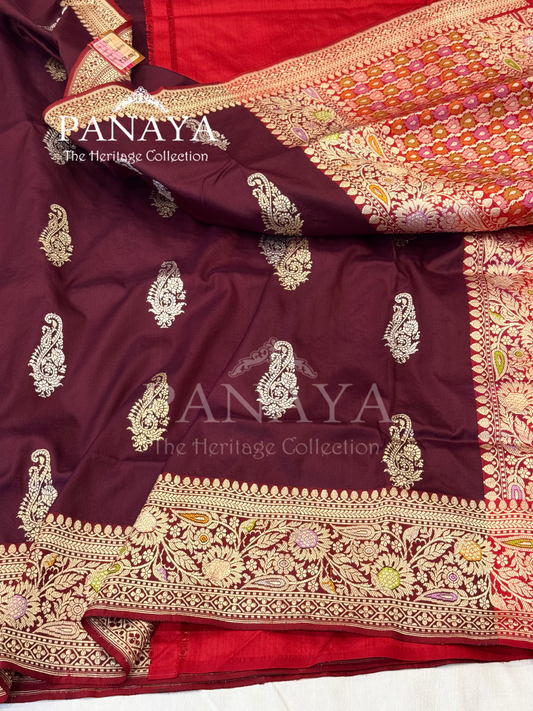 Saree Katan Silk with Contrast aanchal & Border with gold zari Paisely Boota Design