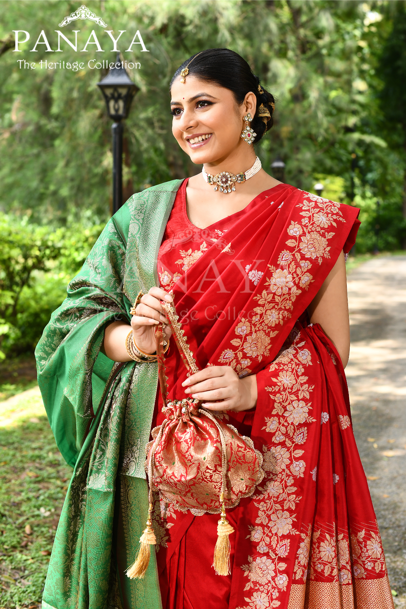 Saree Katan Silk Handwoven with Banrasi Aanchal & Border with Gold & Silver Booti