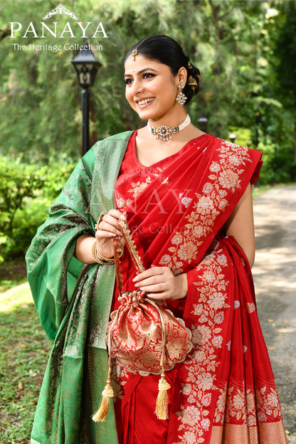 Saree Katan Silk Handwoven with Banrasi Aanchal & Border with Gold & Silver Booti