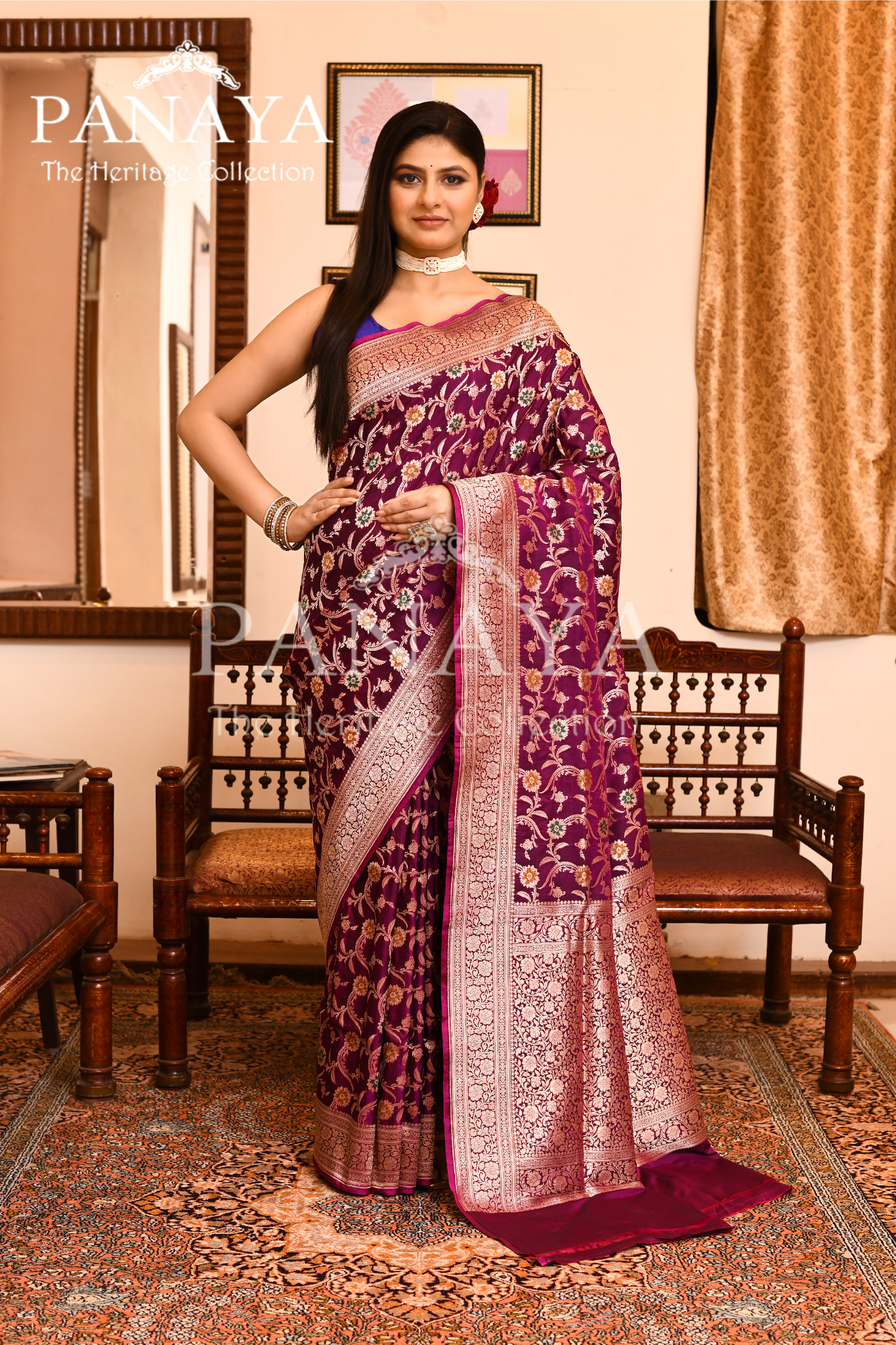 Saree Katan Silk Semi Handwoven with Banrasi Aanchal & Border with Gold & Silver Meenedar Jaal Design
