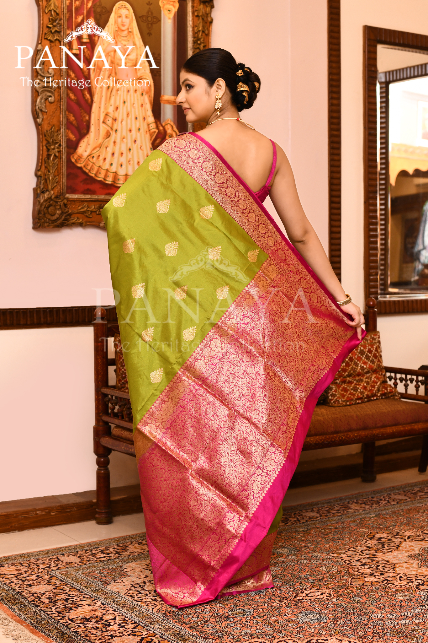 Saree Katan Silk with Contrast Banarasi Aanchal & Border with Gold Zari Boota Design