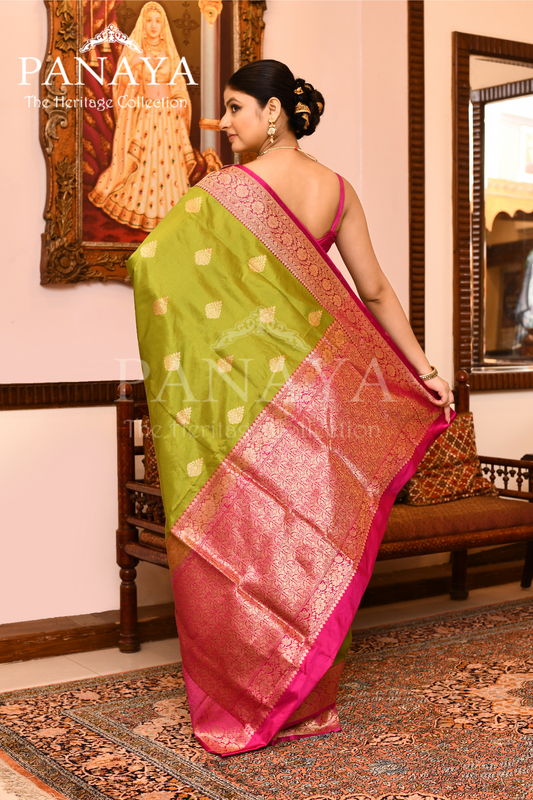 Saree Katan Silk with Contrast Banarasi Aanchal & Border with Gold Zari Boota Design